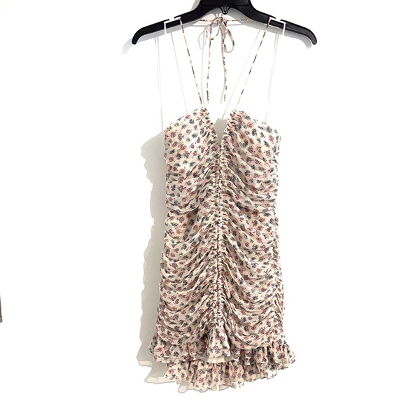 ZARA Size S Metallic Thread Draped Ruched Floral Printed Halter Mini Dress - Picture 9 of 15